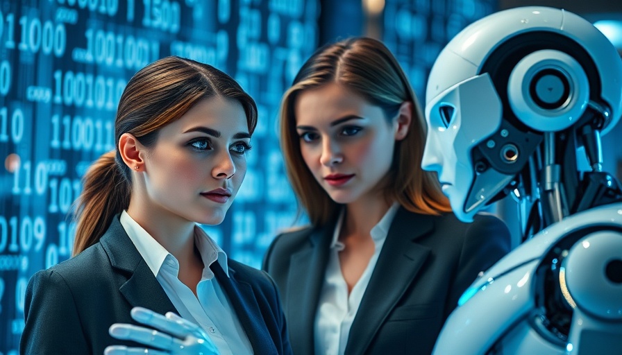 Professional woman and robot interacting in a futuristic digital space.