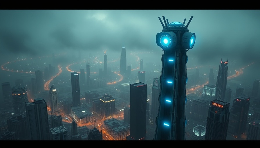 Towering AI robots in neon city symbolize rapid adoption and accessibility.
