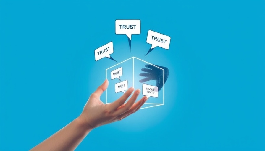 Illustration of human and AI hands holding a speech bubble cube, symbolizing AI and redefining trust for consumers.