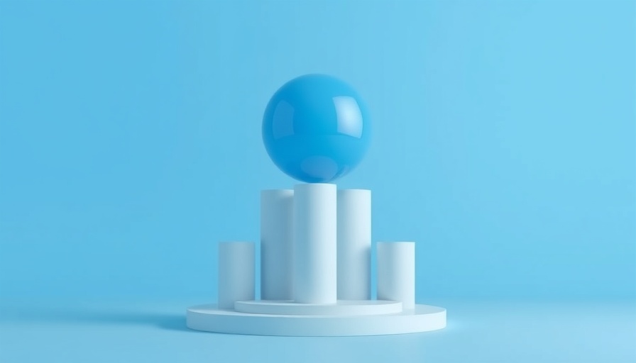 3D render of a blue sphere on white columns, symbolizing growth.