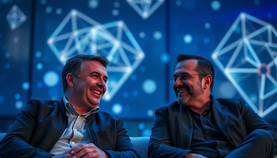 AWS InfluxData Time Series Data Innovations discussion with two men, digital backdrop.