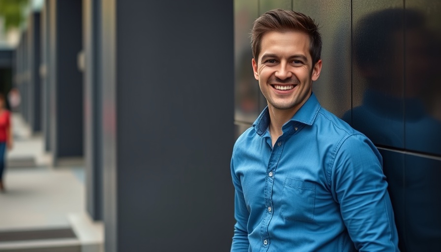 Jamie Siminoff smiling in blue shirt, leaning against a wall.