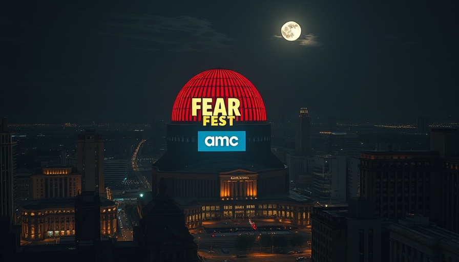 Nighttime cityscape featuring a massive red dome with 'FEAR FEST' projection and AMC logo.