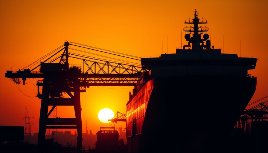 Silhouetted ship and crane at sunset in shipyard, private equity shipbuilding.