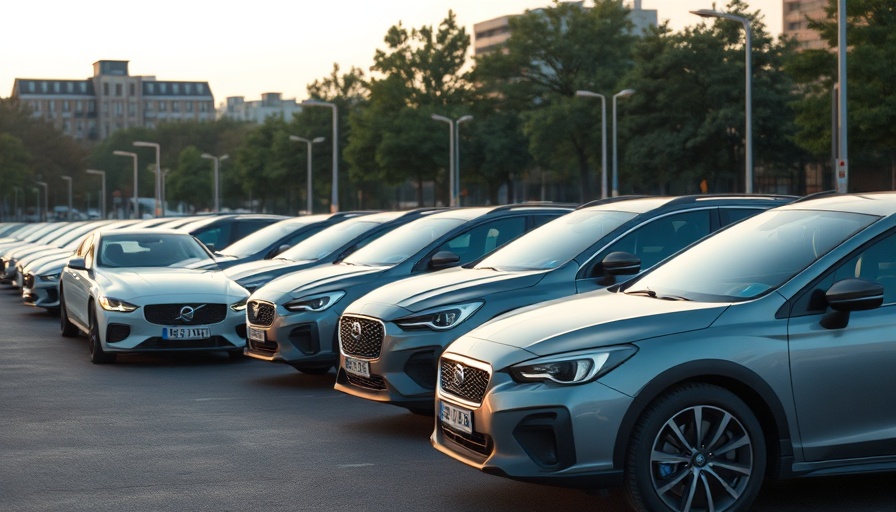 Impact of tariffs on the automotive industry; parked cars in a city.