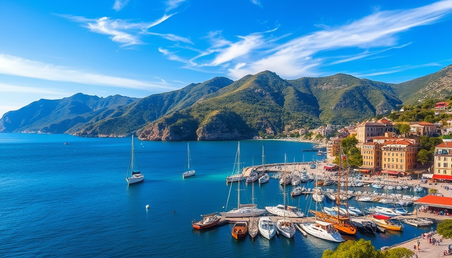Scenic view of a coastal harbor with boats and hills, vibrant sky.