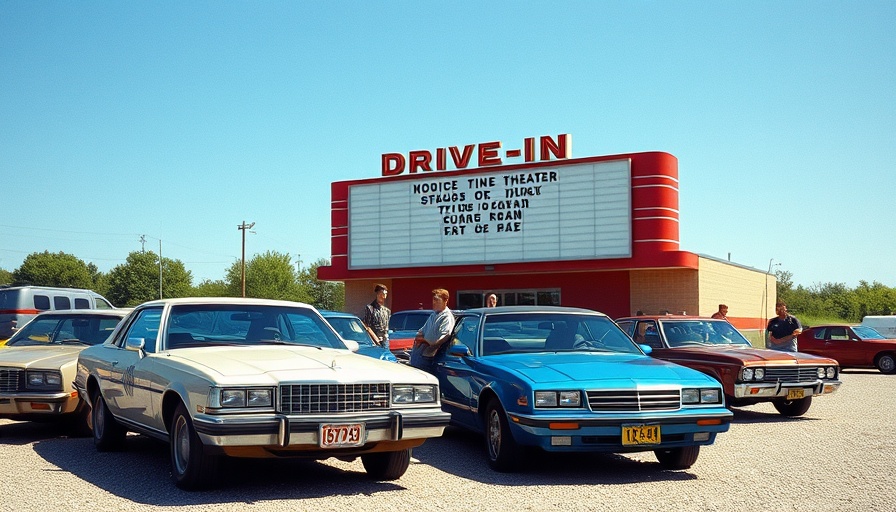 Vintage cars in front of drive-in theater, 1990 Audi V8 review setting.