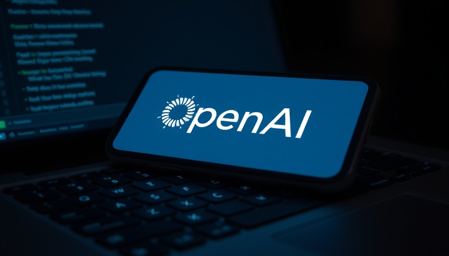 Smartphone with OpenAI logo on laptop keyboard in low light.