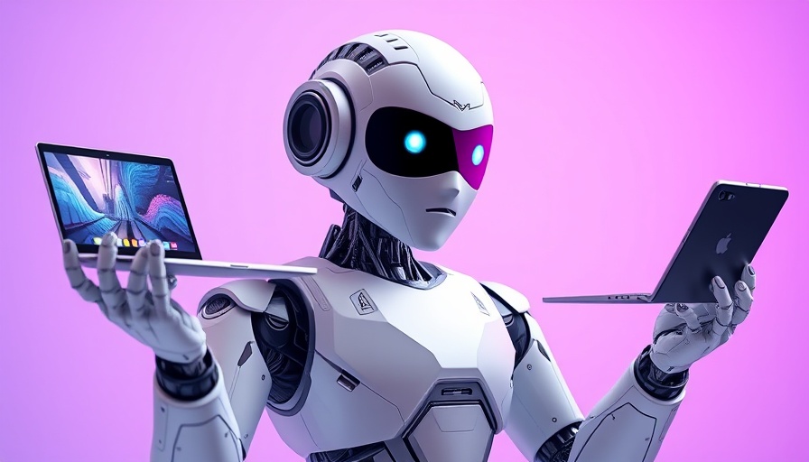 Futuristic robot with floating laptops, representing Apache Iceberg topics.