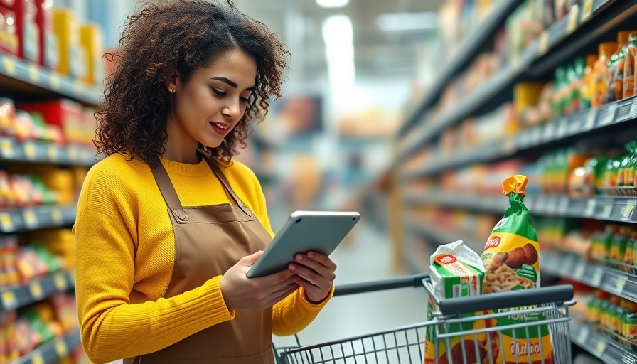 Woman examining product in modern European grocery store aisle