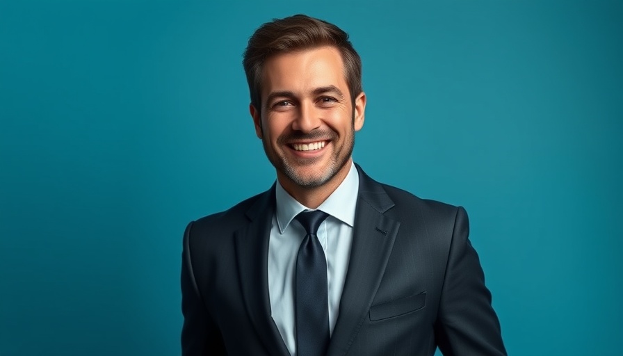 Businessman in a suit smiling, blue background.