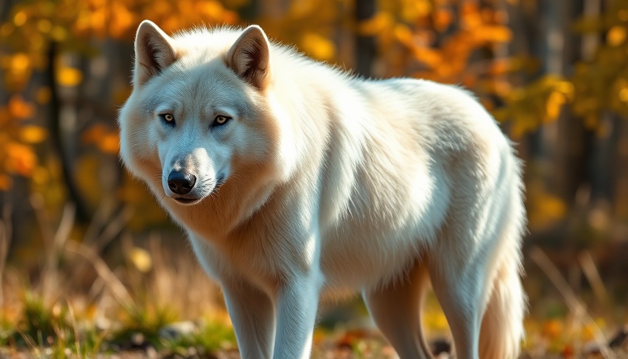 Majestic white wolf in forest, sunlight on fur.