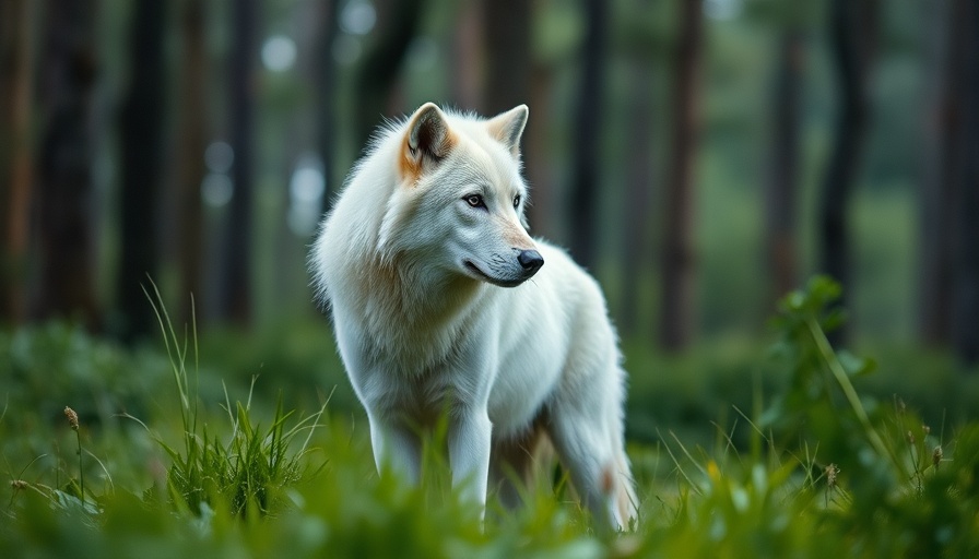 White wolf in serene forest, symbolizing de-extinction ethics debate.