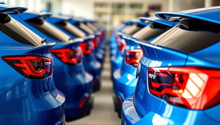 Row of blue cars in a dealership, relevant to lending strategies post-tariff.