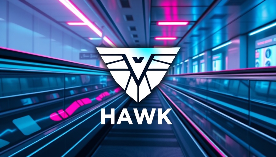 Futuristic AI hawk logo on moving walkway, financial crime detection advancement.