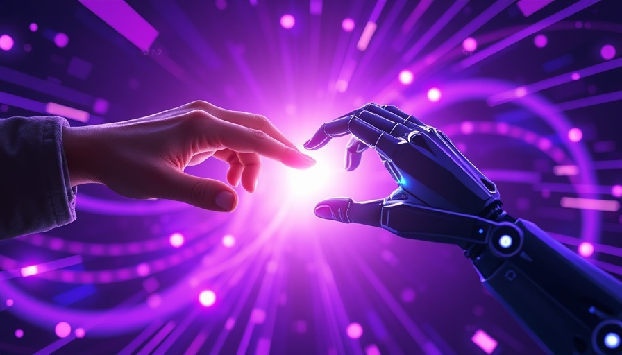 Human and robotic hands connecting in a digital space for Redis GenAI App Development.