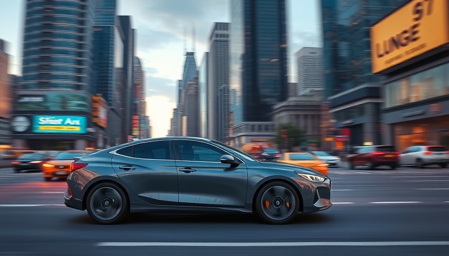 Sleek hybrid car in cityscape, high performance hybrid models.