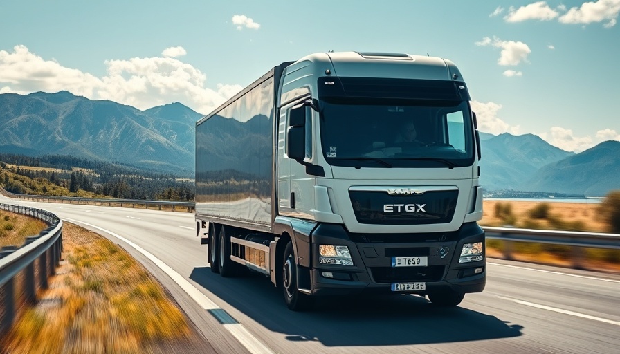 MAN eTGX Electric Truck on scenic highway with mountains.