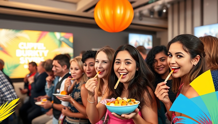 Vibrant experiential marketing event collage with attendees and snacks.
