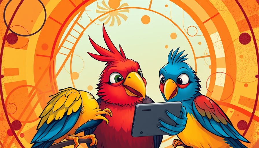 Illustrated birds examining device in abstract design