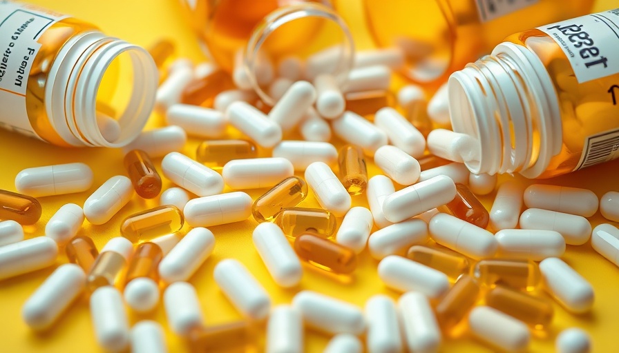 Assorted pills and capsules on a yellow background illustrating AI in drug development.