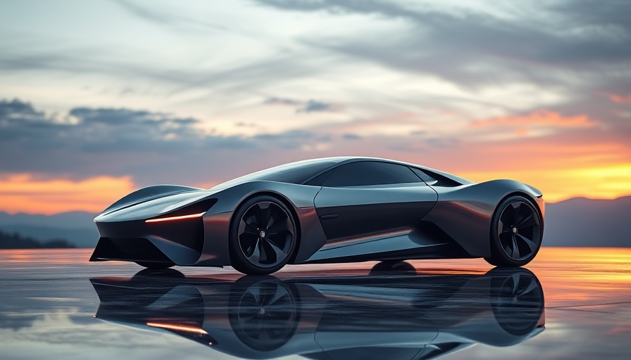 Futuristic electric car reflecting under sunset sky.