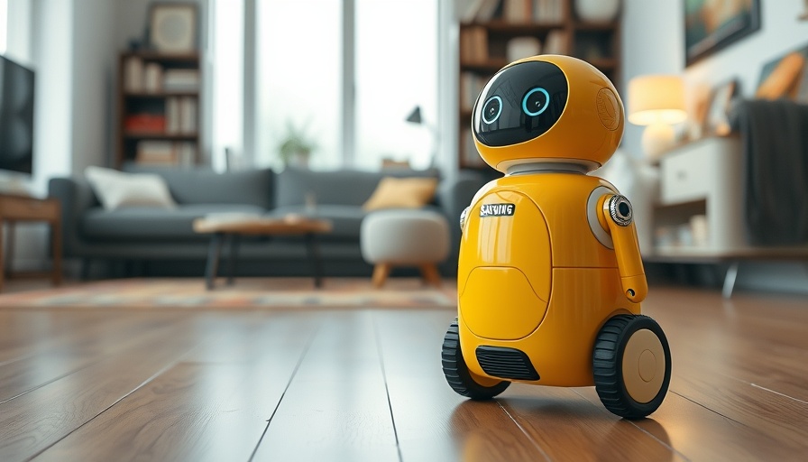 Samsung Ballie robot in a cozy living room setting with bookshelves.