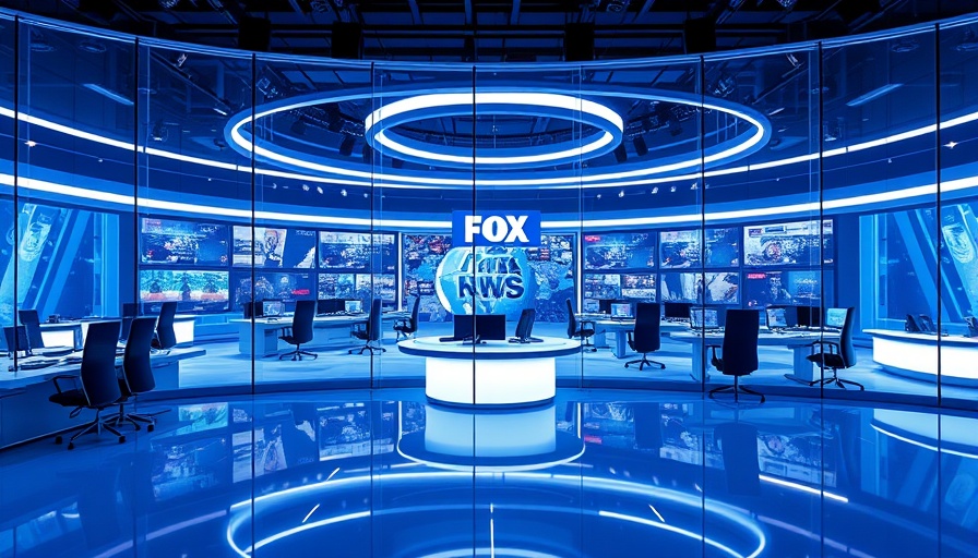 Modern Fox News studio setup in 2025, blue hues, empty yet dynamic.