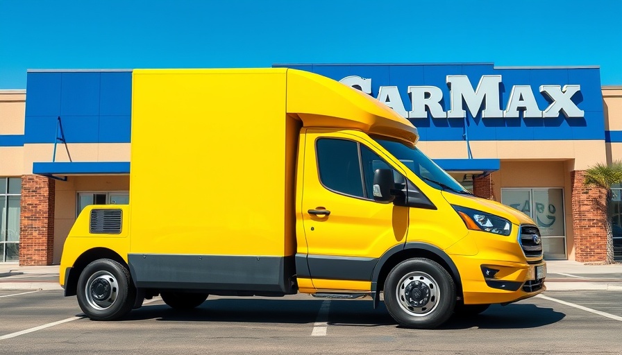 Electric truck at CarMax location under blue sky.