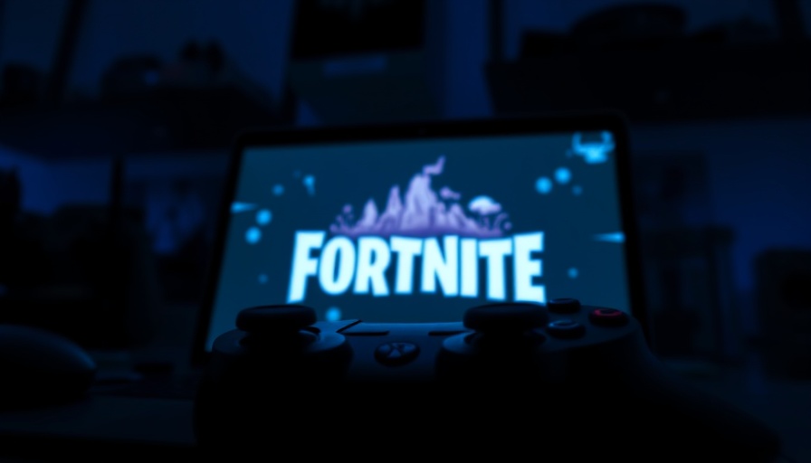 Fortnite logo on screen with gaming controller in low light.