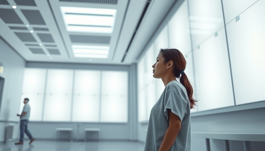 Minimalistic interior of a body-scanning clinic with illuminated panels.