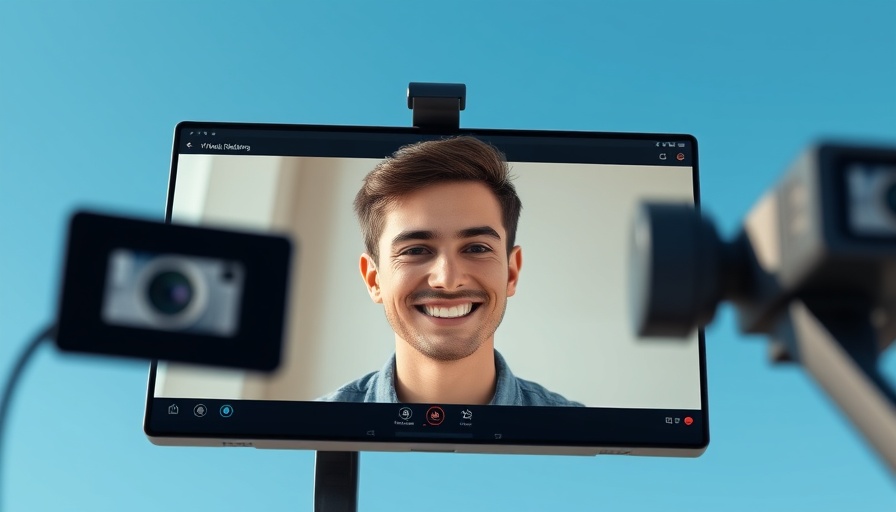 Young man in virtual meeting with blue sky background, discussing digital business cars.