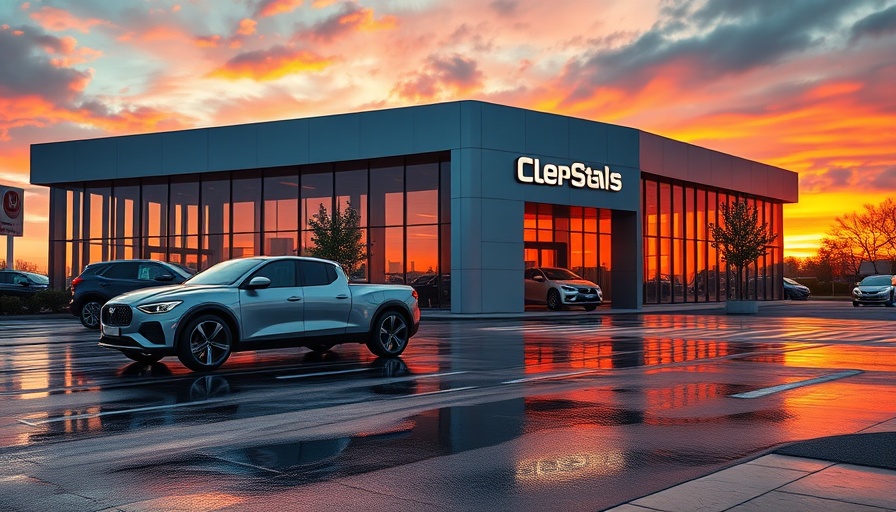 Modern car dealership showcasing deals at sunset
