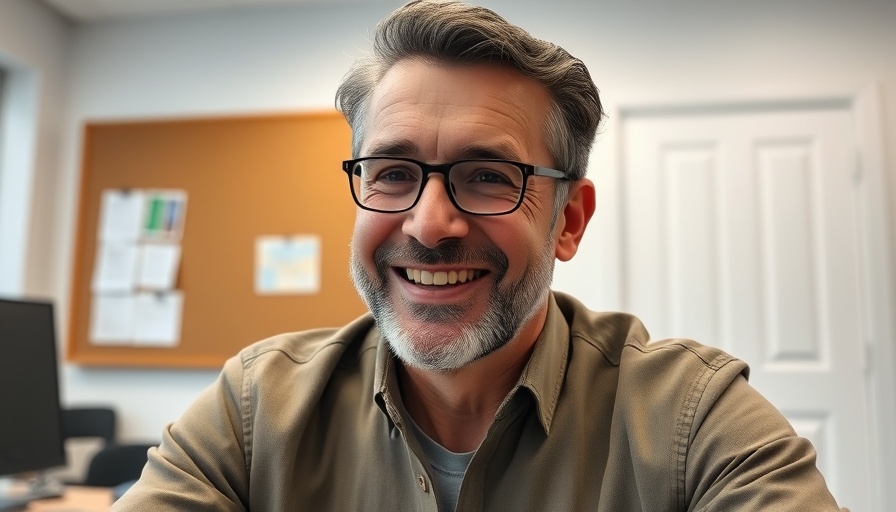 Smiling man on video call in office, automotive training center theme.