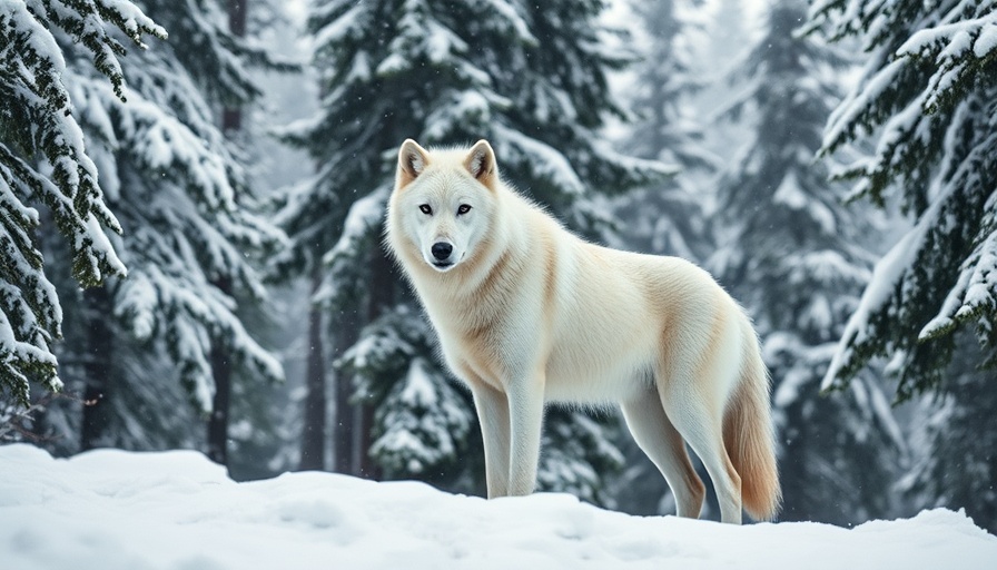 Majestic white wolf in snowy forest, related to genetic engineering conservation.