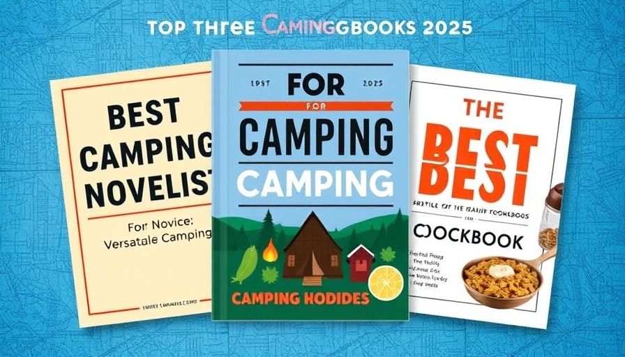 Top camping cookbooks 2025 collage on blue textured background.