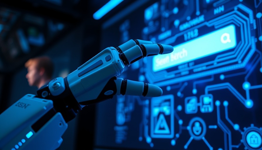 Futuristic robotic arm engaging with AI search interface in a digital setting.