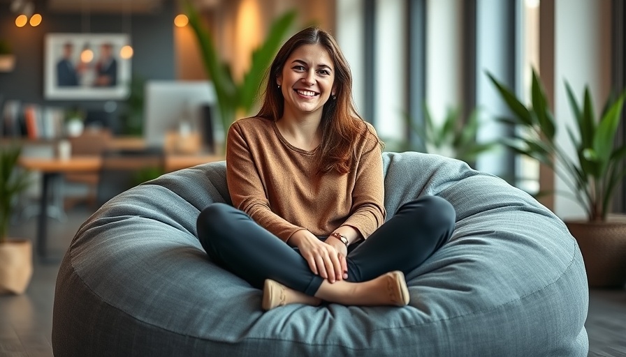 A relaxed woman on a Lovesac beanbag in a cozy office environment.