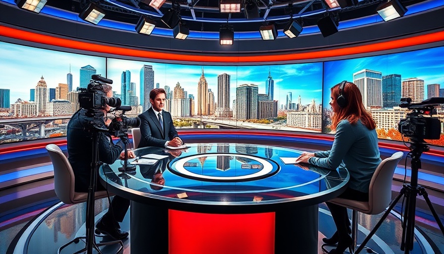 News anchors in a vibrant studio during live Newsmax broadcast.