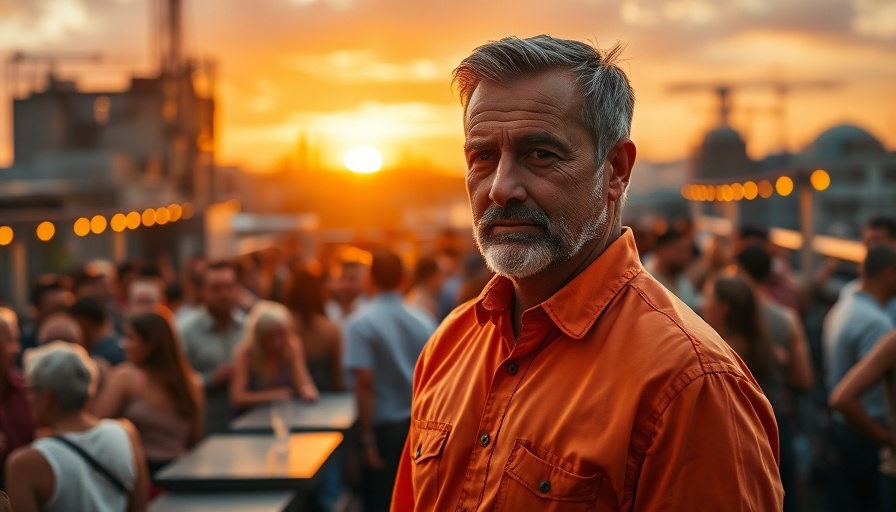 Rooftop party scene with middle-aged man, Black Mirror Season 7 technology themes.
