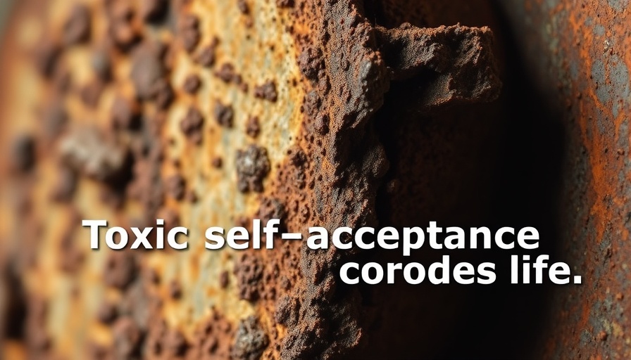 Text 'Toxic self-acceptance corrodes life' over rust.