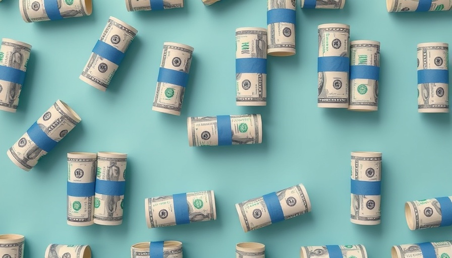 Pattern of rolled 20-dollar bills with blue bands on teal background.