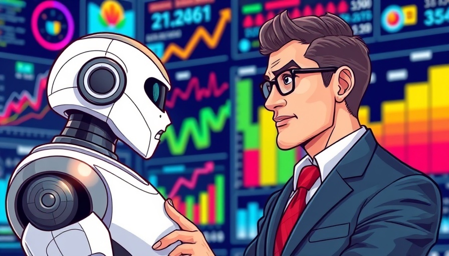 AI and data in public relations illustrated with businessman and robot analyzing data.