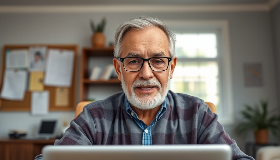 Older man discussing digital business solutions in home office video call.