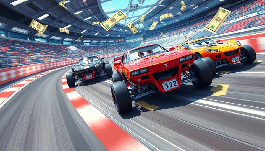 Dynamic cartoon race scene with cash flying around, vibrant and thrilling.