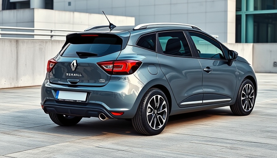 Renault 5 E-Tech showcased as urban EV in city setting.