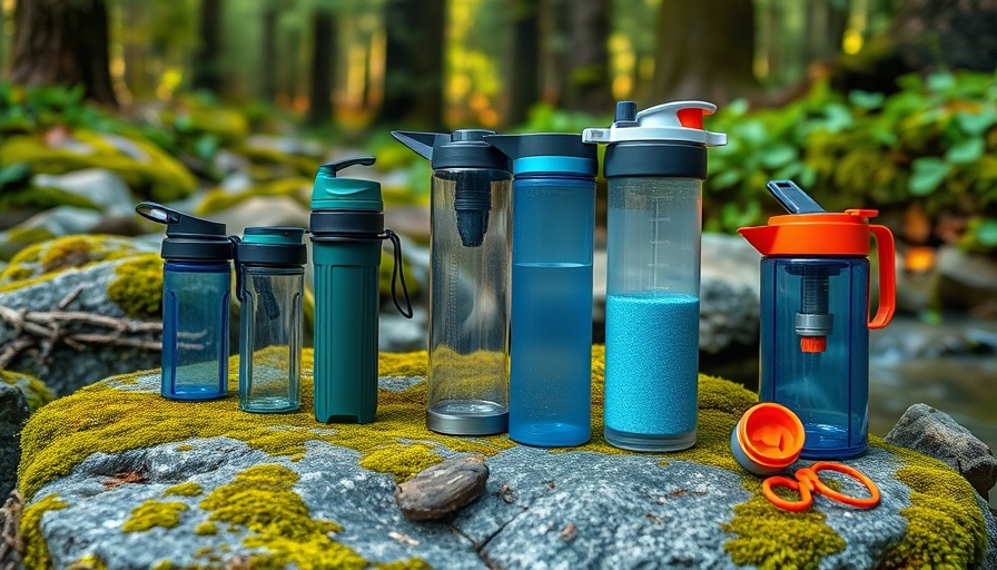 Top backpacking water filters in a forest setting.