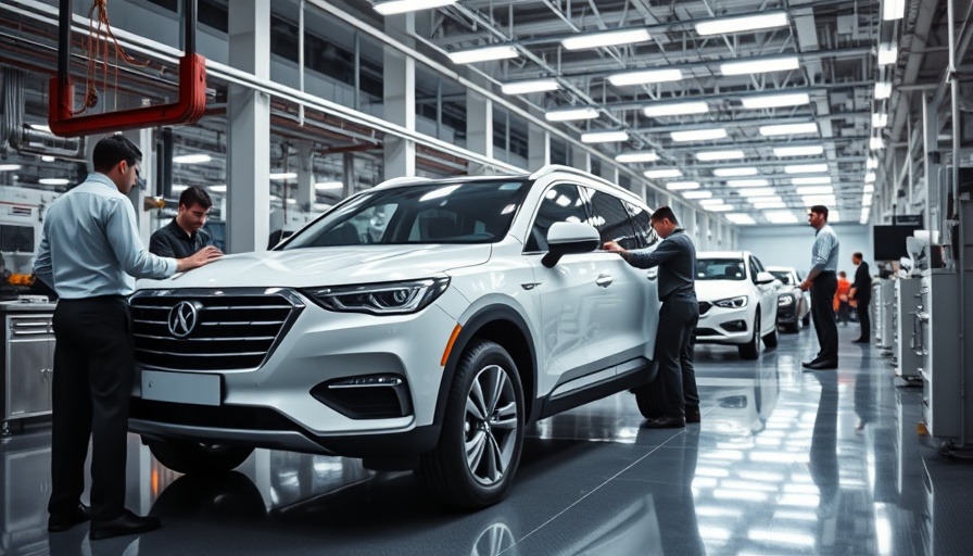 Workers inspecting a white SUV in a brightly lit modern factory related to Trump's trade war with China.
