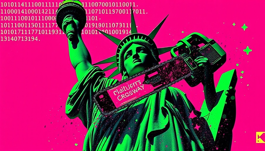 Surreal image of Statue of Liberty cut by chainsaw with binary code.