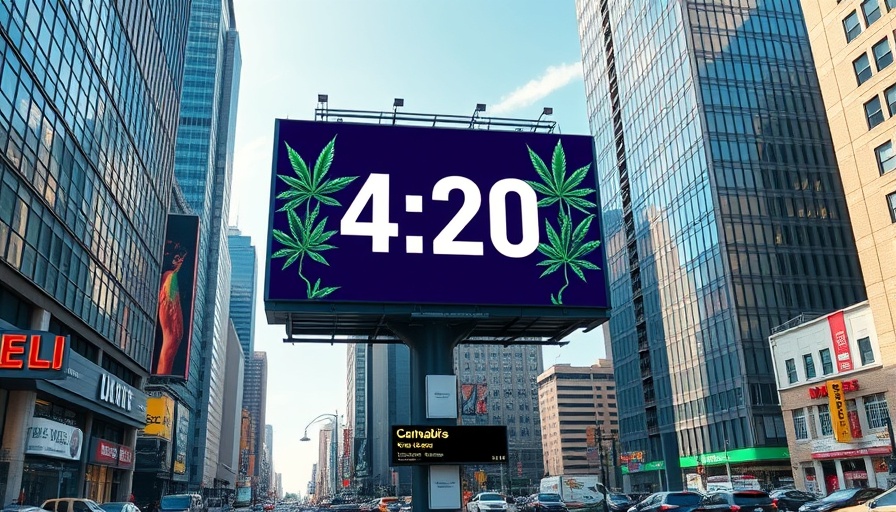 Cannabis marketing billboard with 4:20 countdown in urban cityscape.
